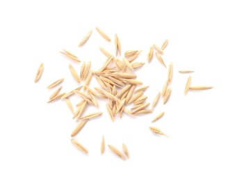 Photo of Raw oats on white background. Healthy grains and cereals