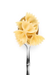 Spoon with tasty pasta isolated on white, top view