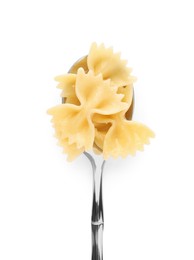 Photo of Spoon with tasty pasta isolated on white, top view