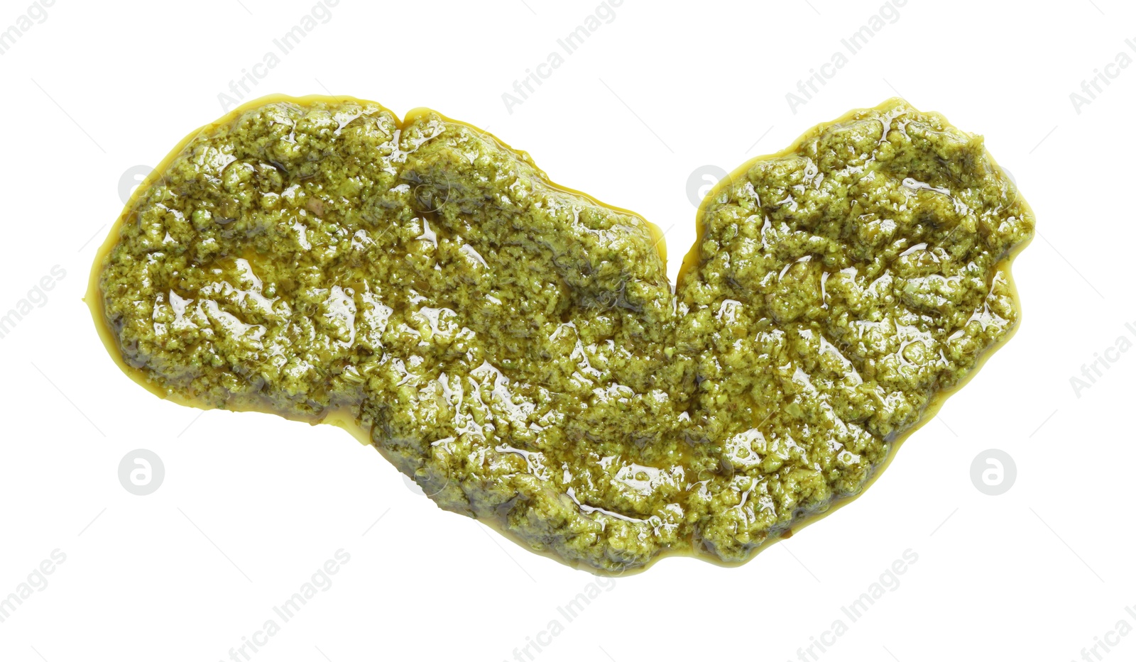 Photo of Sample of tasty pesto sauce isolated on white, top view