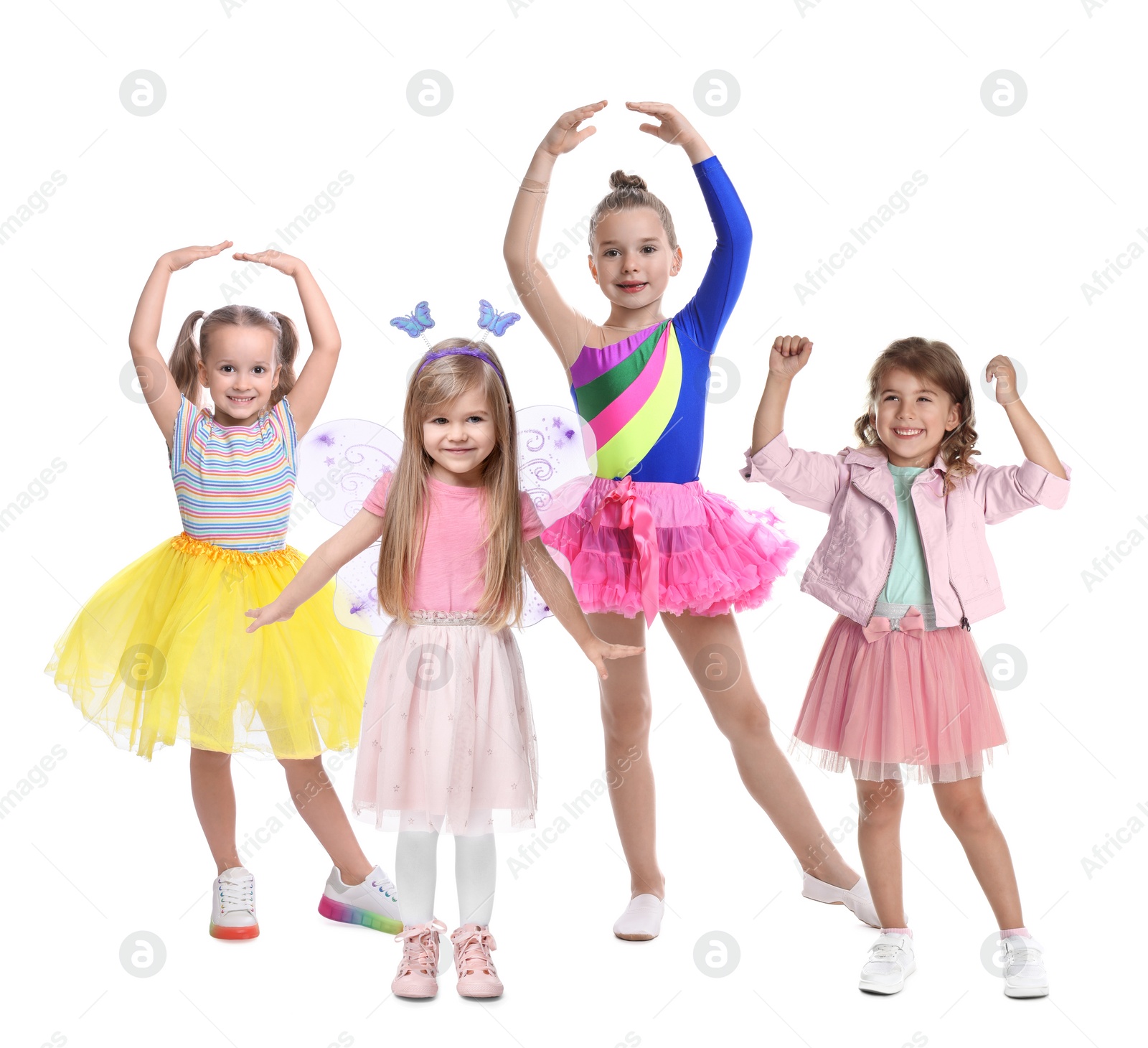 Image of Group of children dancing on white background, set of photos