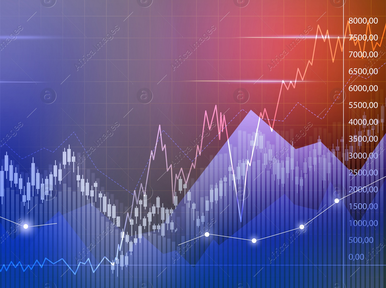 Illustration of Movement of asset price. Market of cryptocurrency / stocks / commodity. Charts and graphs on color background