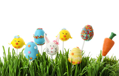 Photo of Different sweet cake pops for Easter celebration and grass on white background