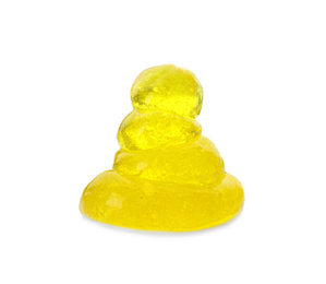 Photo of Yellow slime with glitter isolated on white. Antistress toy