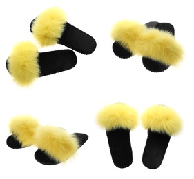 Image of Collage with fluffy slippers on white background