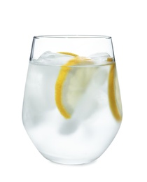 Photo of Glass of water with ice cubes and lemon slices on white background. Refreshing drink