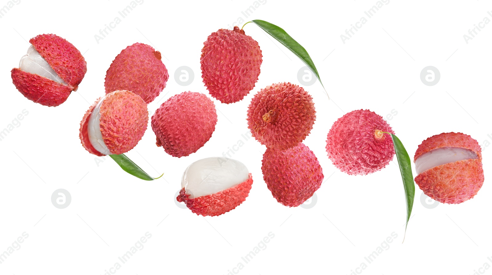 Image of Set of falling delicious lychees on white background