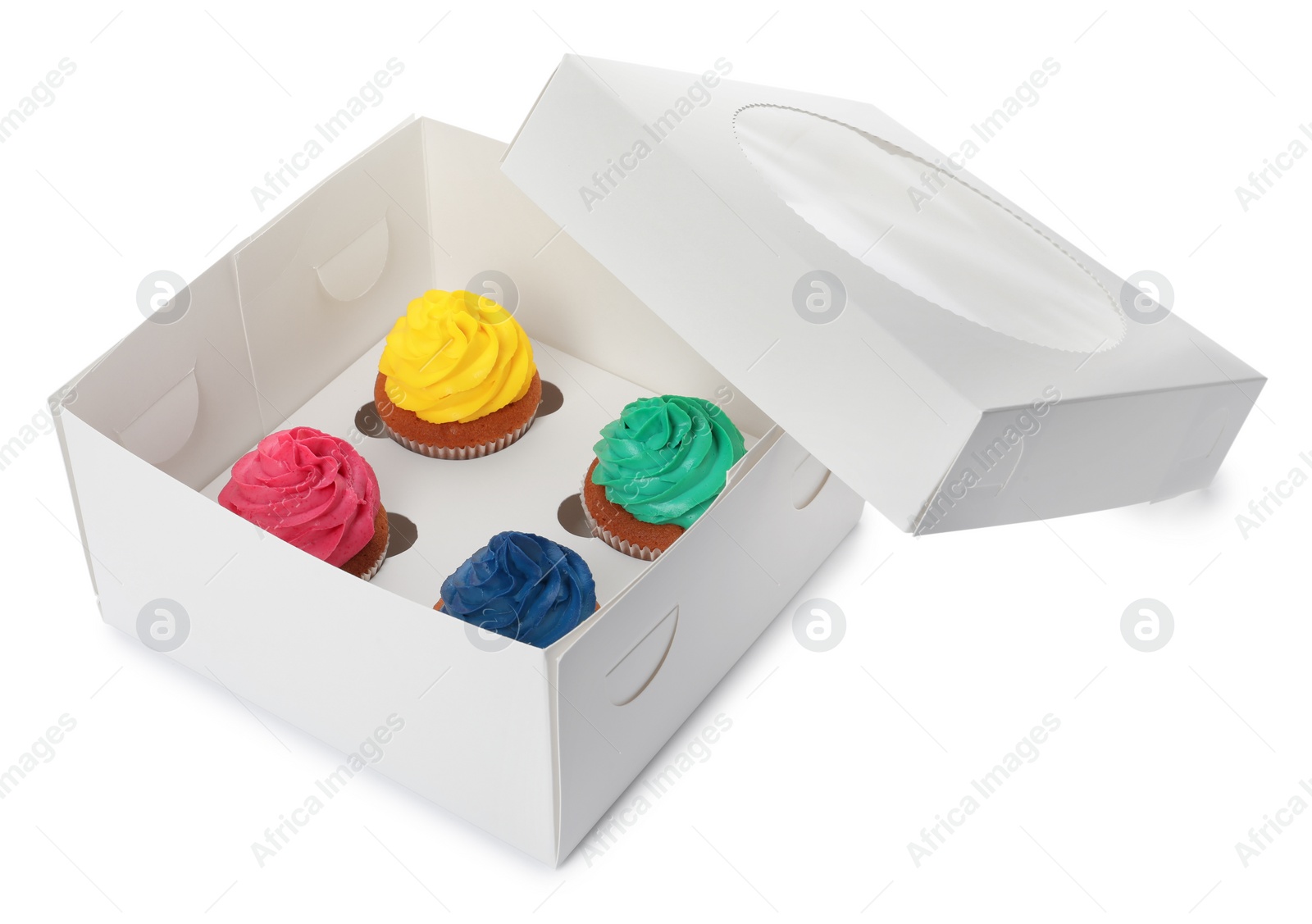 Photo of Box with different cupcakes on white background