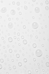 Water drops on white background, top view