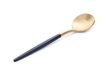 Photo of Shiny golden tea spoon isolated on white