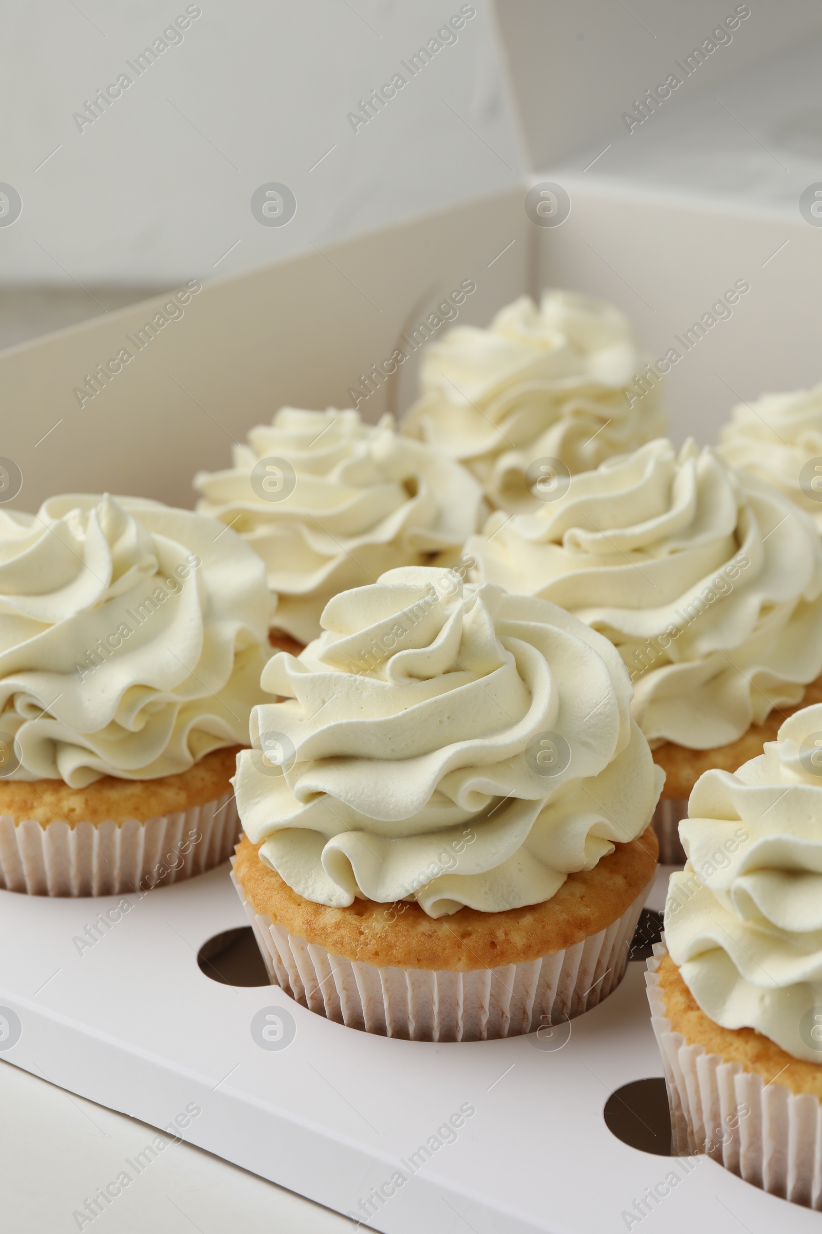 Photo of Tasty cupcakes with vanilla cream in box, closeup