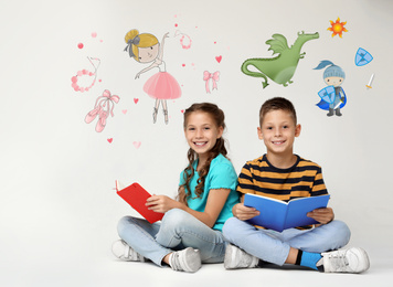 Image of Happy children reading books on grey background