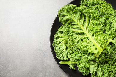 Photo of Fresh kale leaves on grey table, top view. Space for text