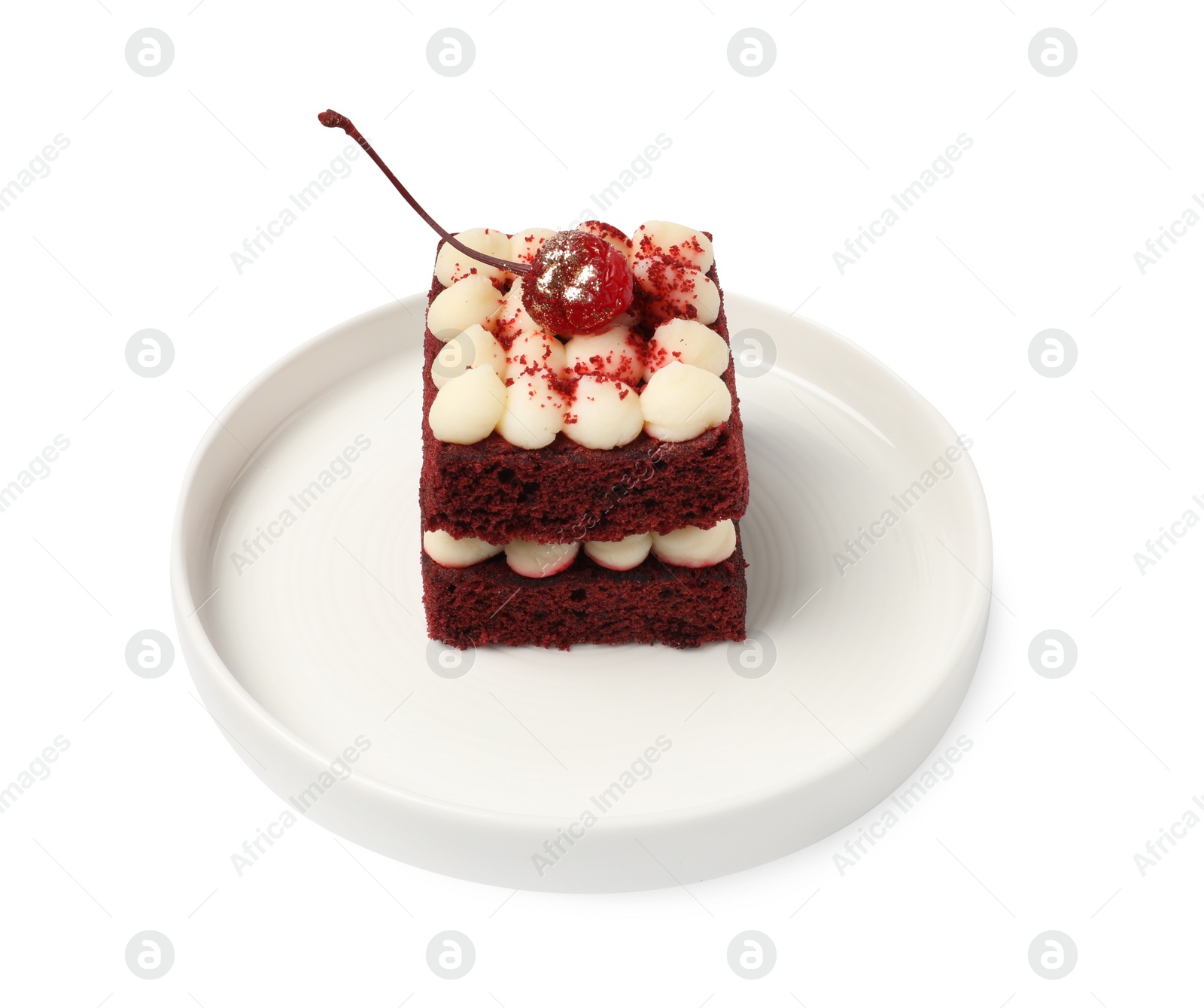 Photo of Piece of delicious red velvet cake on white background