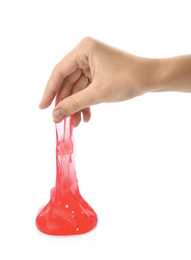 Photo of Woman playing with red slime isolated on white, closeup. Antistress toy