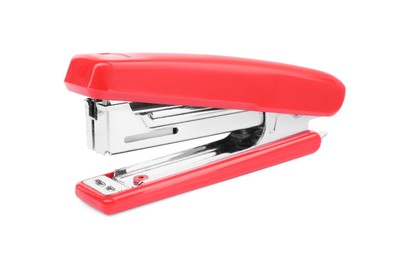 Photo of One new red stapler isolated on white