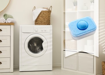 Image of  water softener tablet and modern washing machine in laundry room
