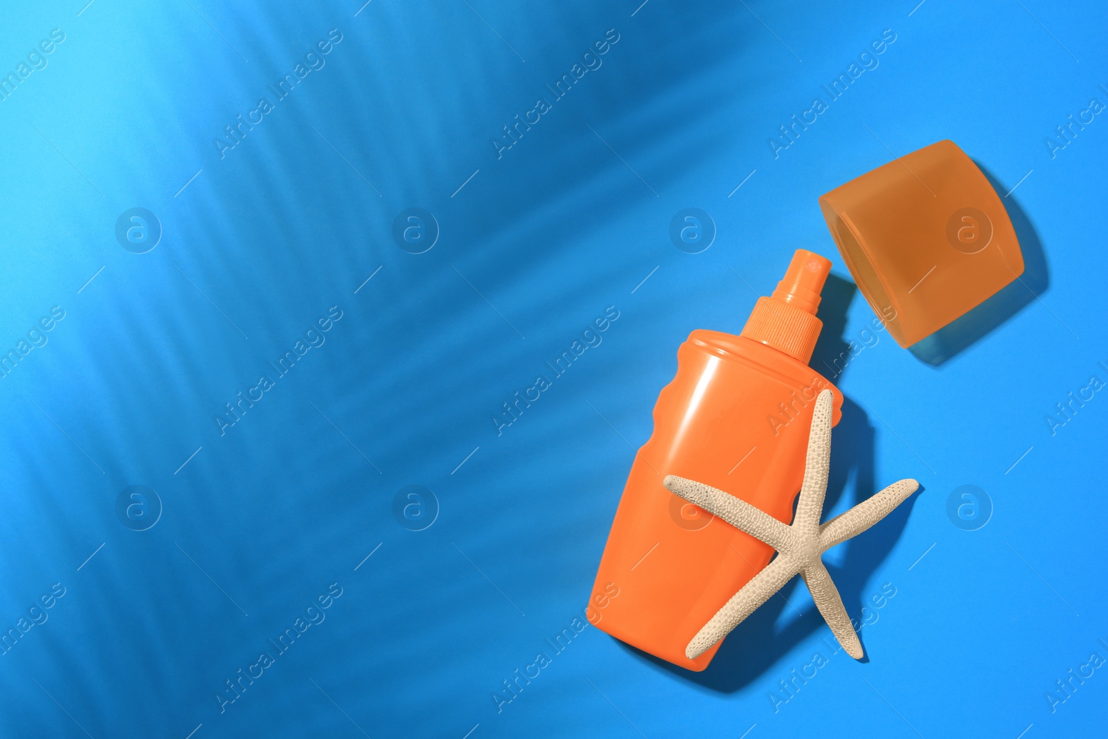 Photo of Sunscreen and starfish on light blue background, top view and space for text. Sun protection care