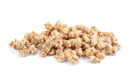 Image of Heap of tasty crispy granola on white background