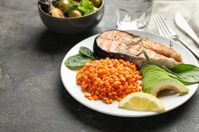 Healthy food high in vegetable fats on grey textured table, closeup. Space for text