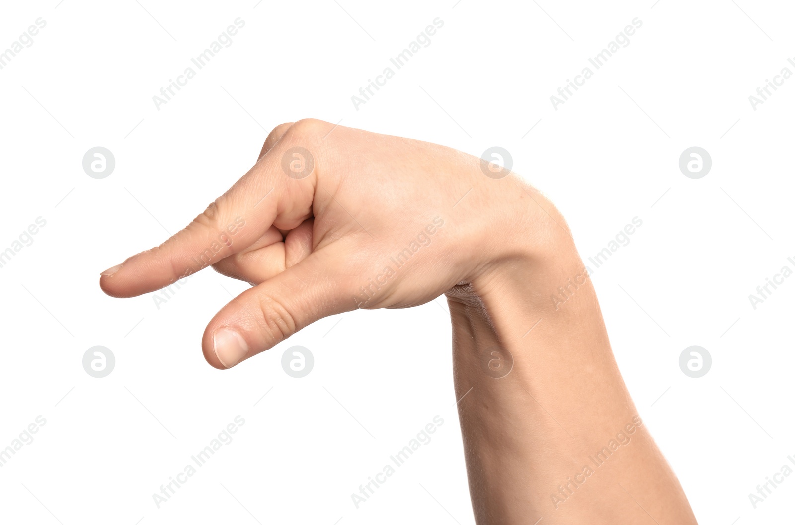 Photo of Man showing P letter on white background, closeup. Sign language