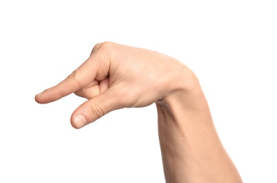 Photo of Man showing P letter on white background, closeup. Sign language