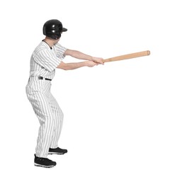 Photo of Baseball player taking swing with bat on white background, back view