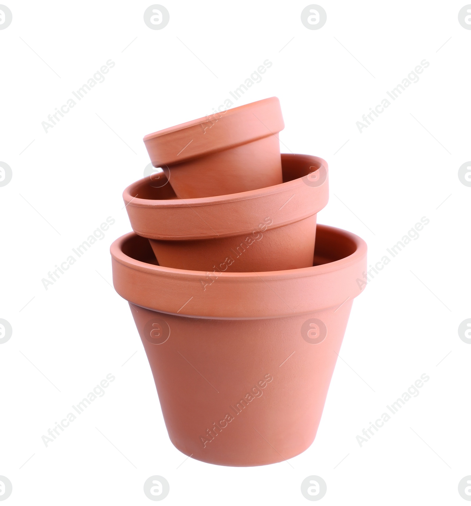 Photo of Stylish terracotta flower pots isolated on white, top view