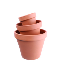 Stylish terracotta flower pots isolated on white, top view