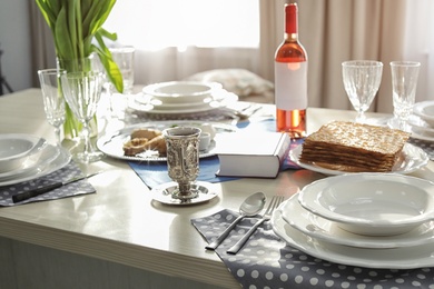 Photo of Table served for Passover (Pesach) Seder indoors