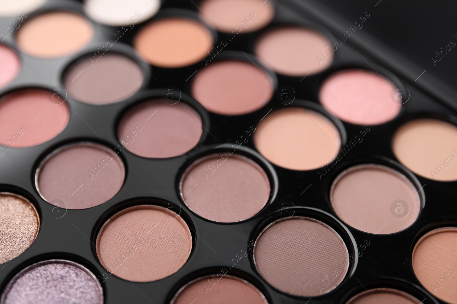 Photo of Beautiful eyeshadow palette as background, closeup. Professional cosmetic product