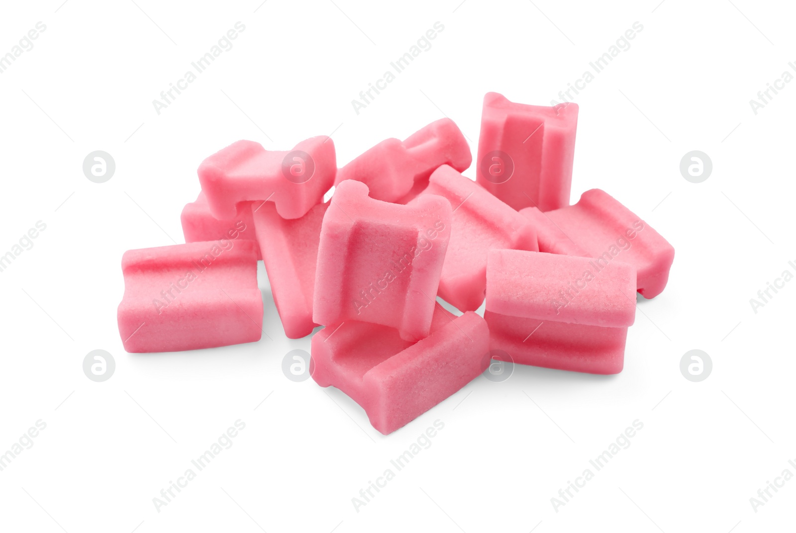 Photo of Pile of tasty pink chewing gums on white background