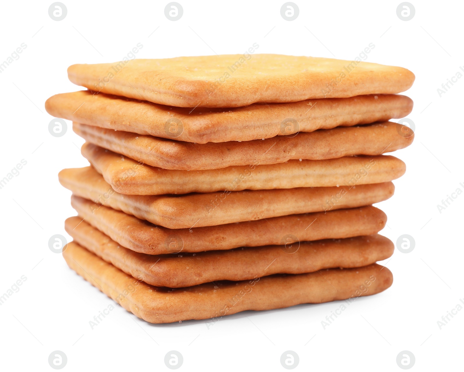 Photo of Tasty crispy square crackers isolated on white