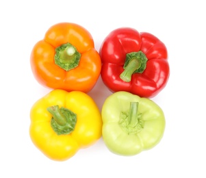 Photo of Fresh ripe bell peppers on white background, top view