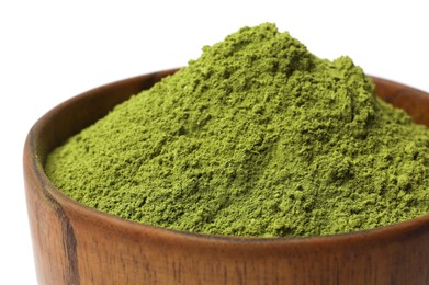 Photo of Green matcha powder in bowl isolated on white