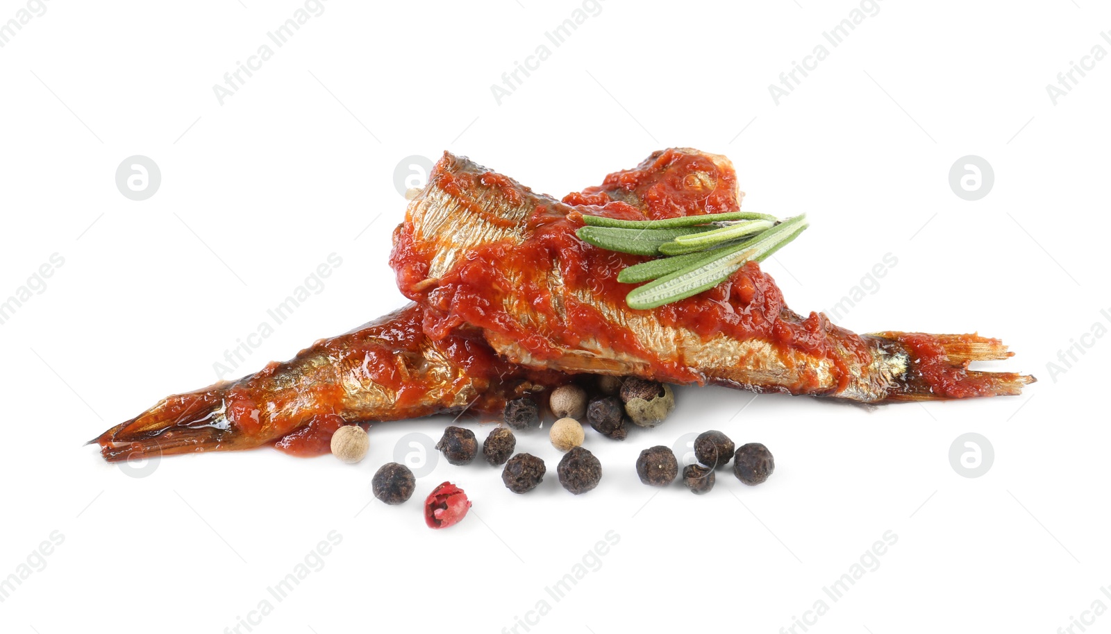 Photo of Tasty canned sprats with tomato sauce, rosemary and peppercorns isolated on white