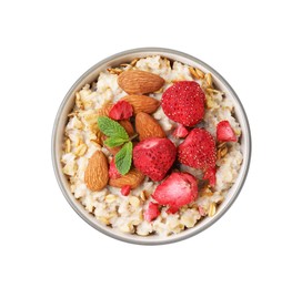 Photo of Delicious oatmeal with freeze dried strawberries, almonds and mint isolated on white, top view