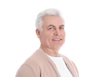 Portrait of handsome mature man on white background