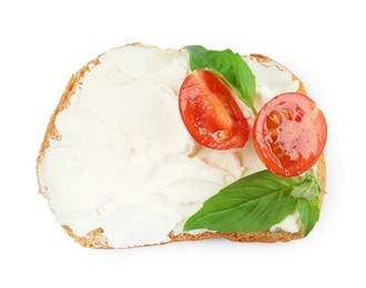 Photo of Bread with cream cheese, tomato and basil leaves isolated on white, top view