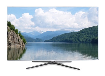Modern wide screen TV monitor showing beautiful landscape, isolated on white 