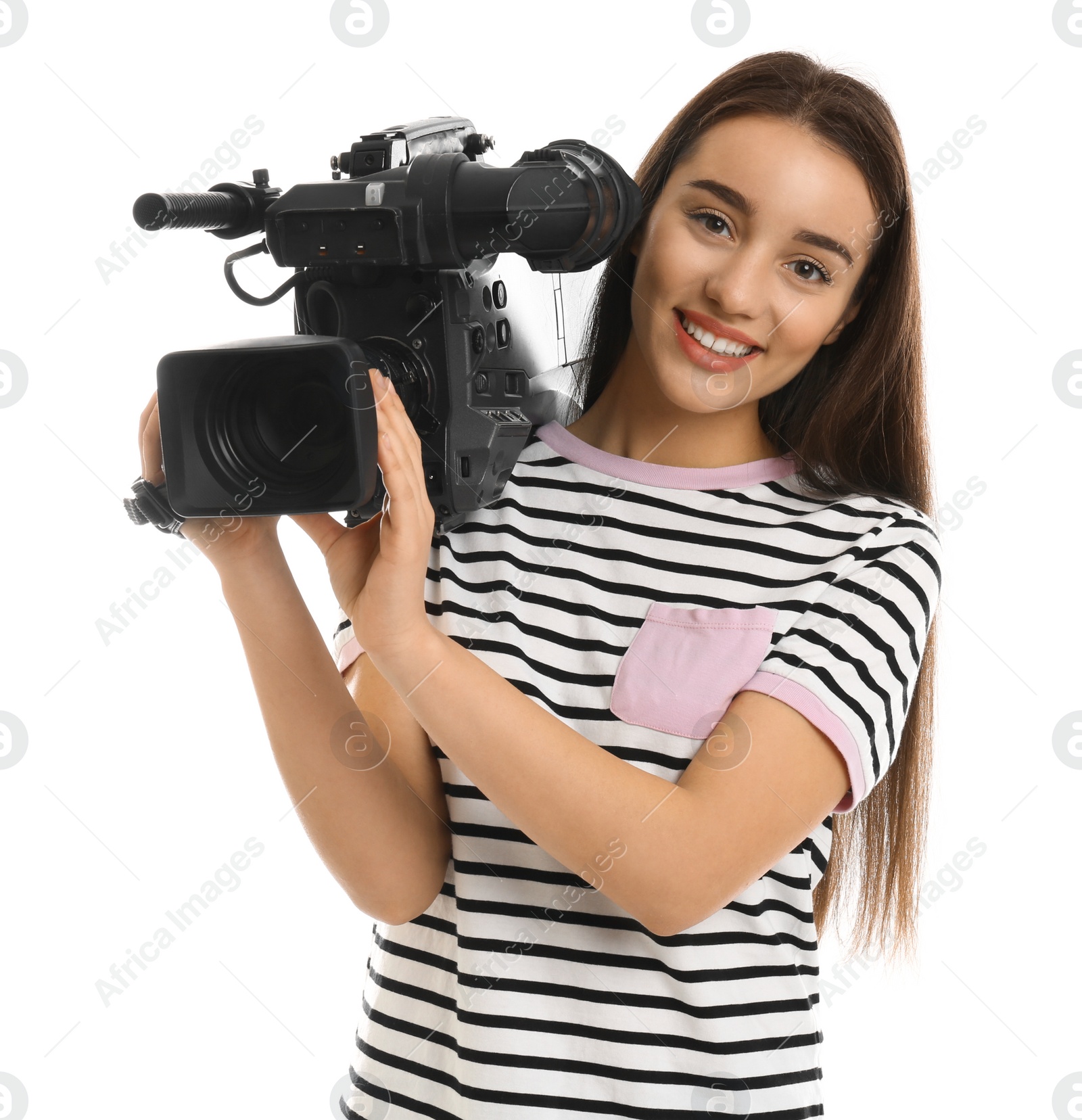 Photo of Operator with professional video camera on white background