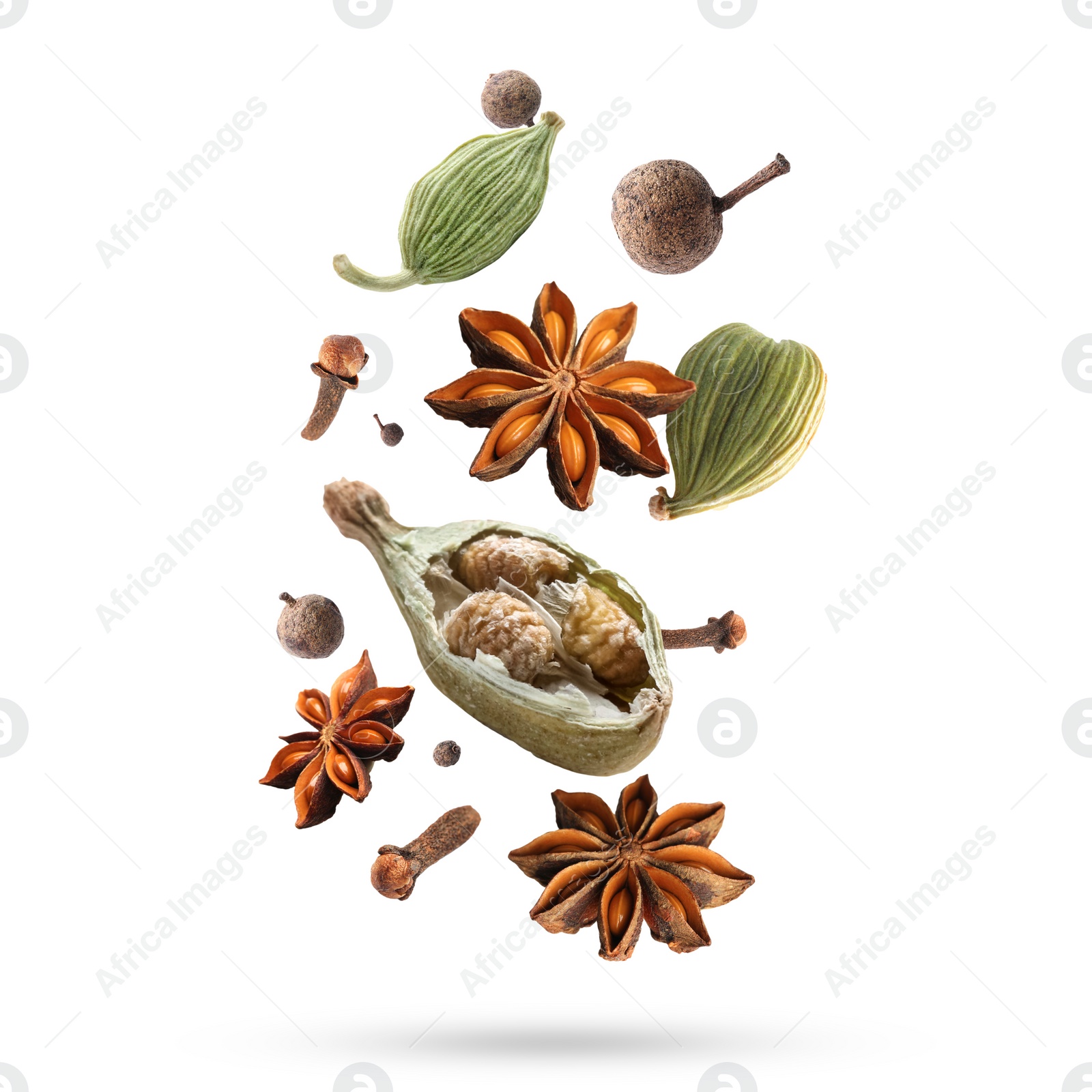 Image of Different aromatic spices falling on white background