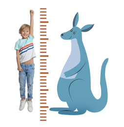 Image of Little boy measuring height and drawing of kangaroo on white background