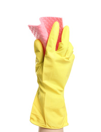 Photo of Person in rubber glove with rag on white background, closeup of hand