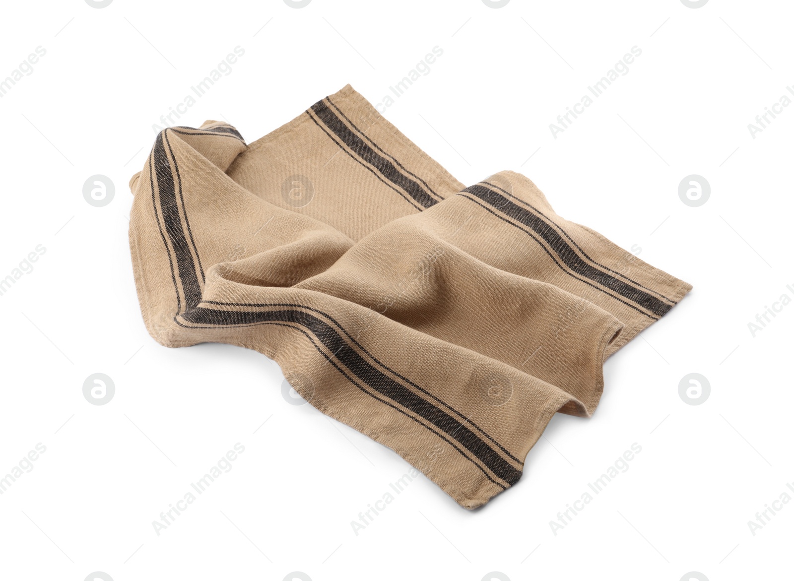 Photo of Beige cloth napkin with stripes isolated on white