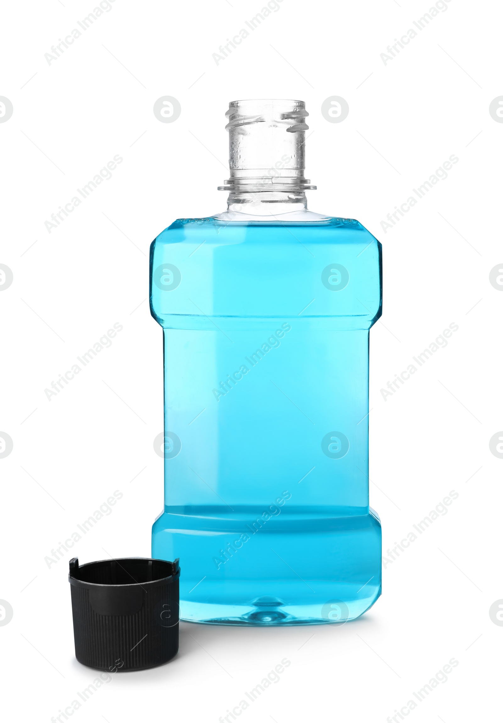 Photo of Bottle with mouthwash for teeth care on white background