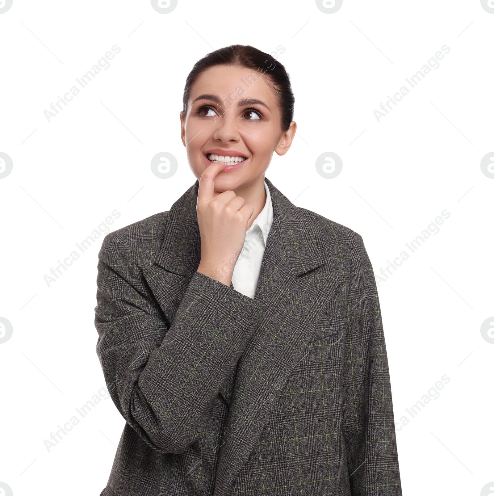 Photo of Beautiful young businesswoman in suit on white background