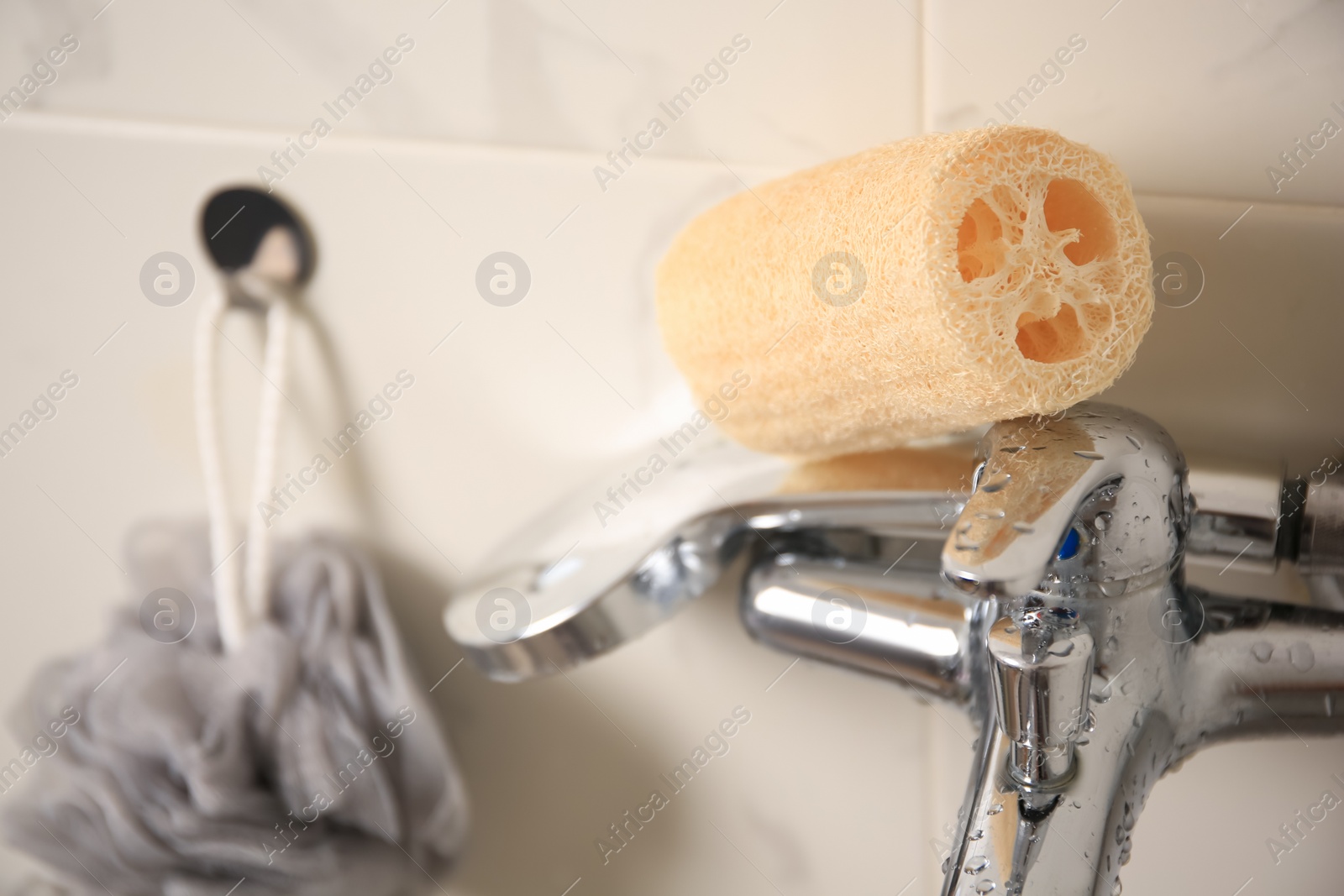 Photo of Grey shower puff and loofah sponge in bathroom, closeup
