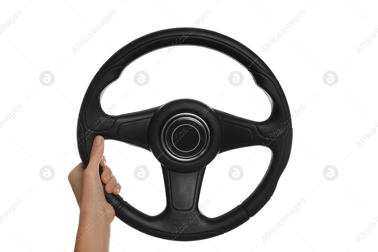 Photo of Woman with steering wheel on white background, closeup