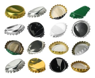 Image of Different beer bottle caps isolated on white, set